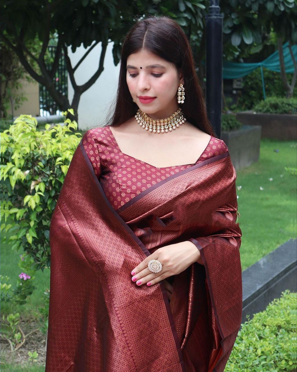 Rich Maroon Copper Woven Silk Blend Saree with Geometric Border