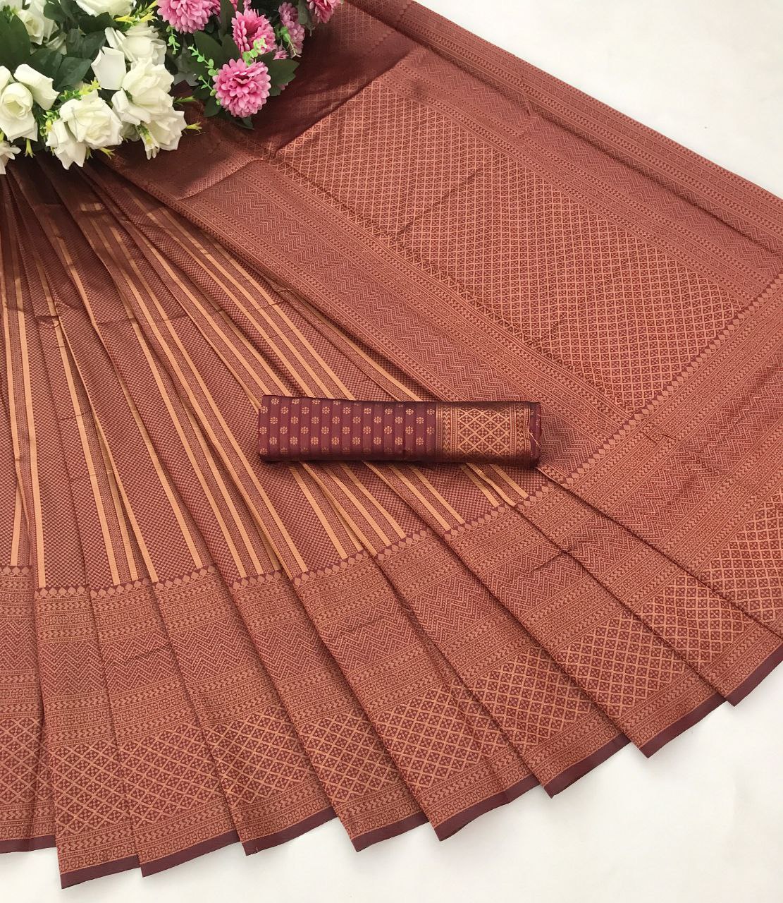 Rich Maroon Copper Woven Silk Blend Saree with Geometric Border