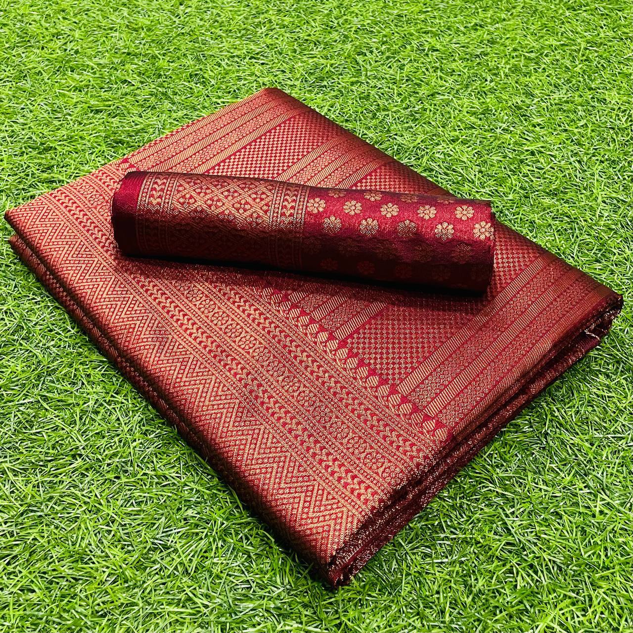 Rich Maroon Copper Woven Silk Blend Saree with Geometric Border