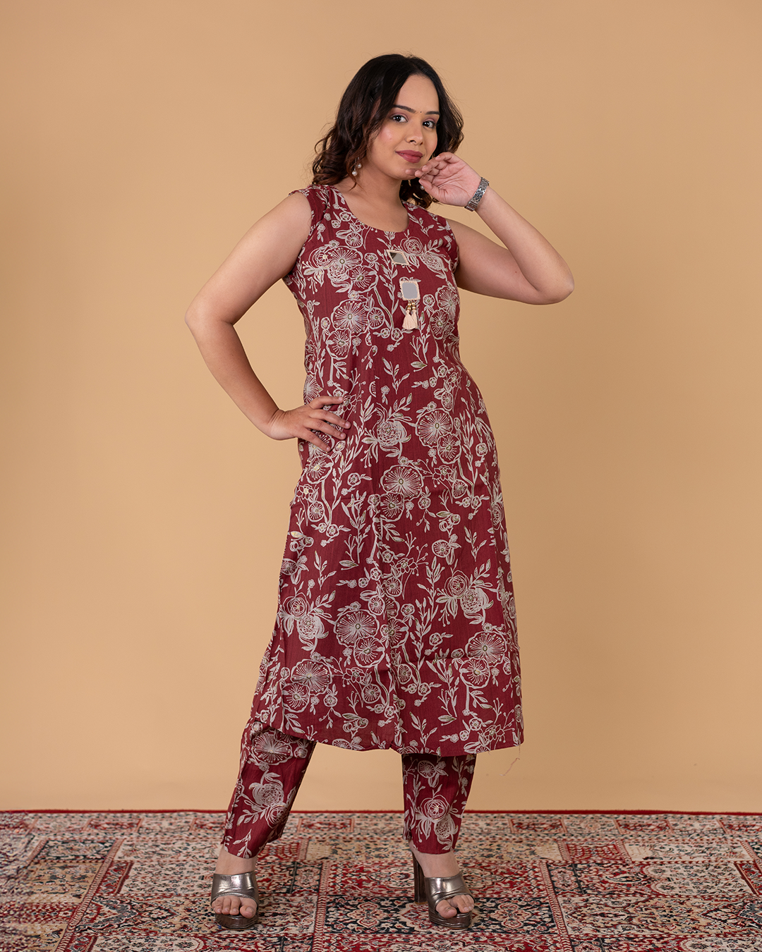 Maroon Floral Printed Sleeveless Kurta Set with Straight Pants
