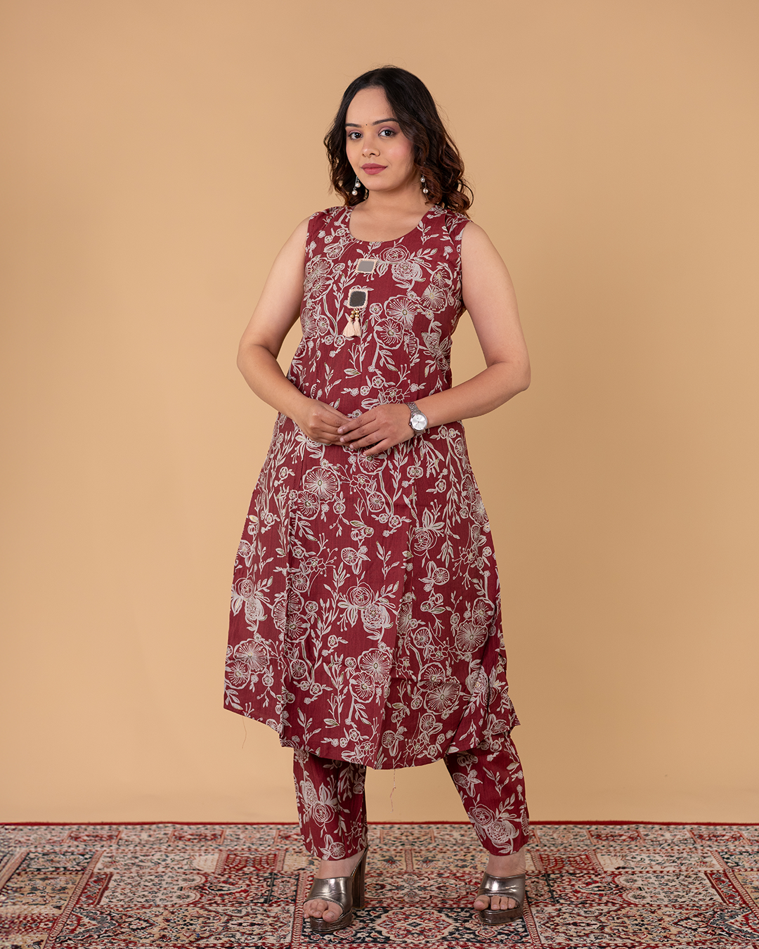 Maroon Floral Printed Sleeveless Kurta Set with Straight Pants