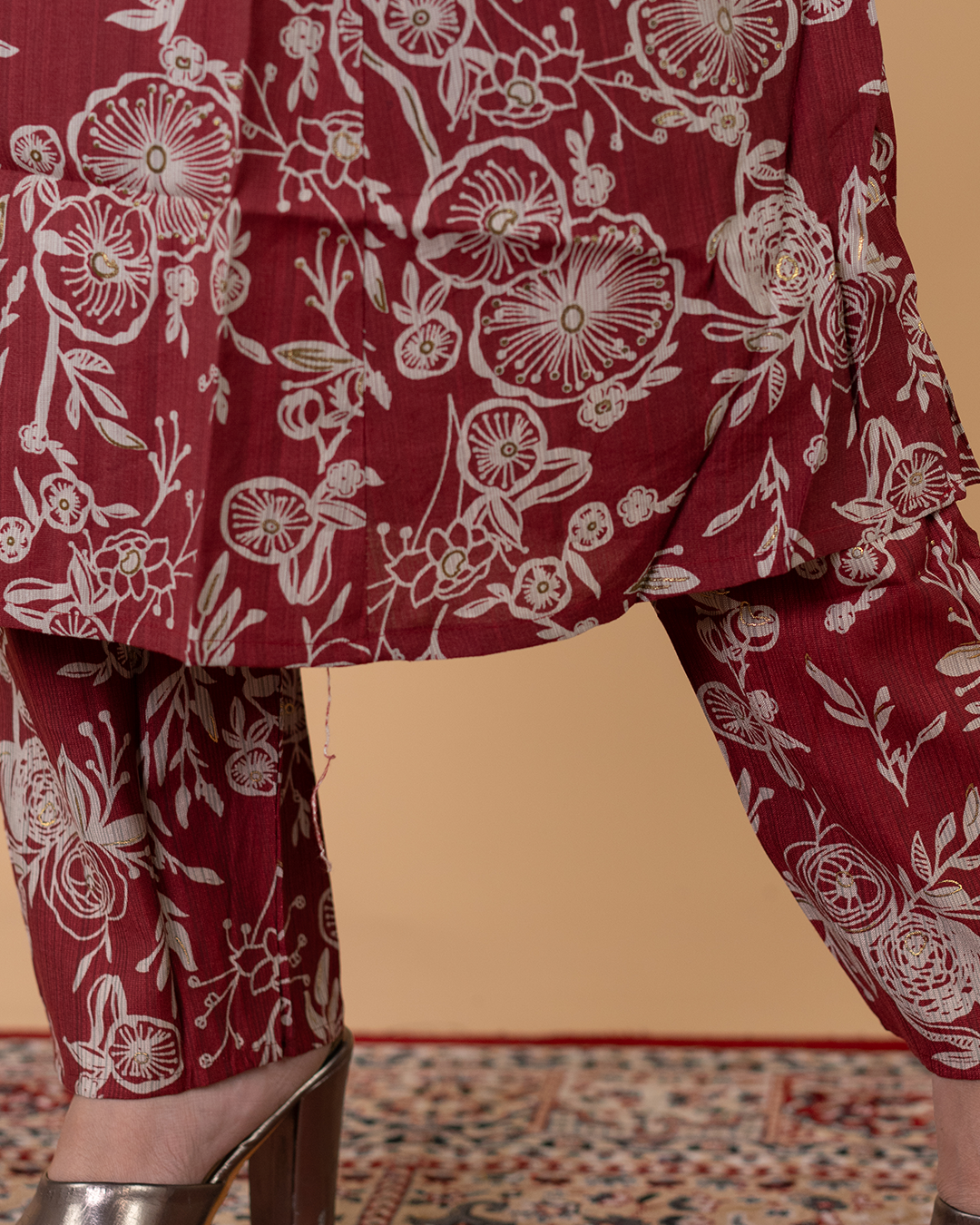 Maroon Floral Printed Sleeveless Kurta Set with Straight Pants