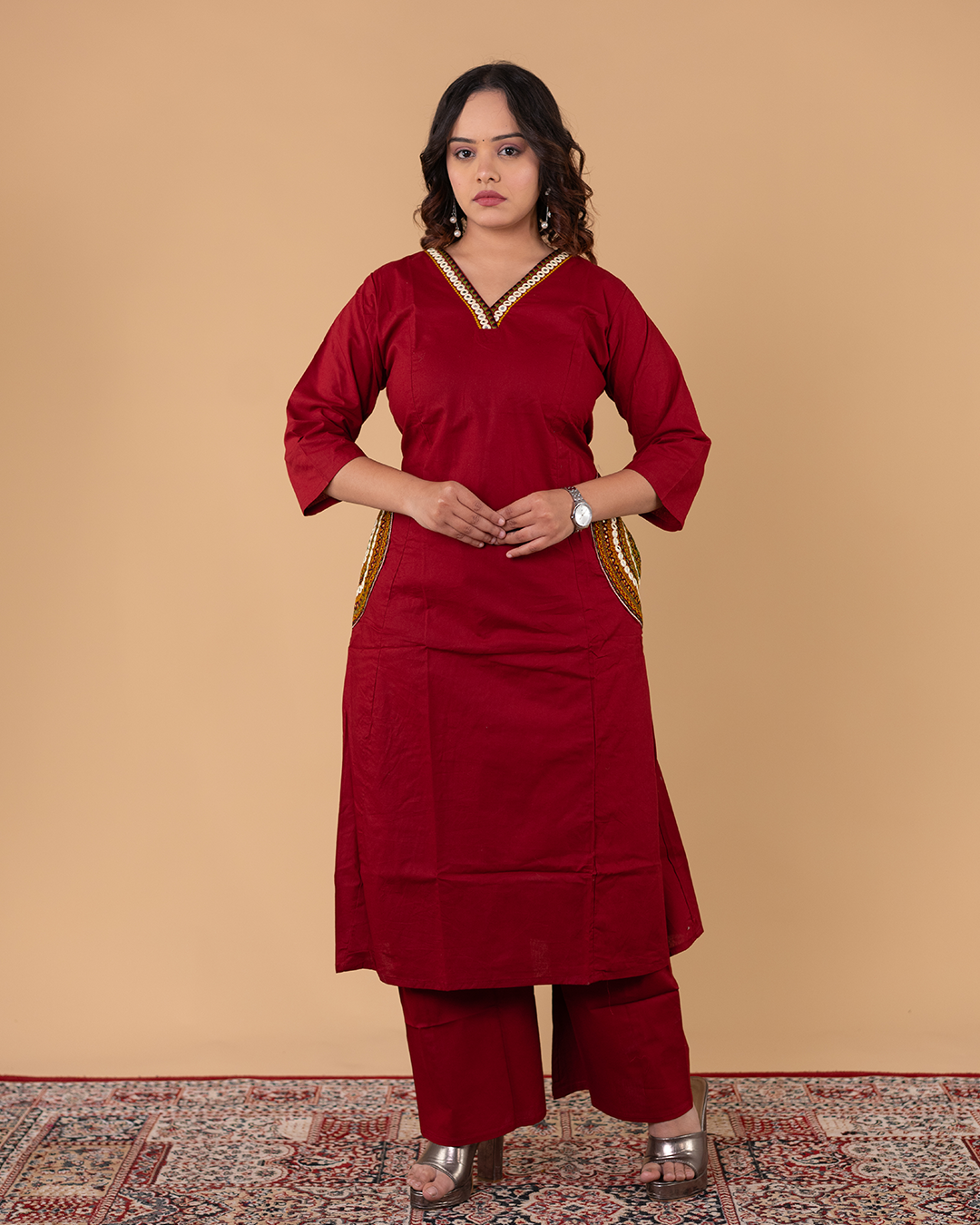 Maroon Solid Kurta Set with V-Neck & Subtle Embellished Detailing
