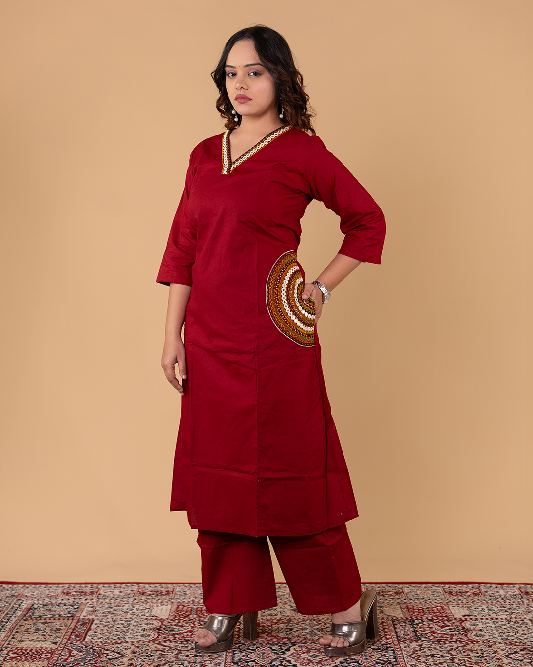 Maroon Solid Kurta Set with V-Neck & Subtle Embellished Detailing