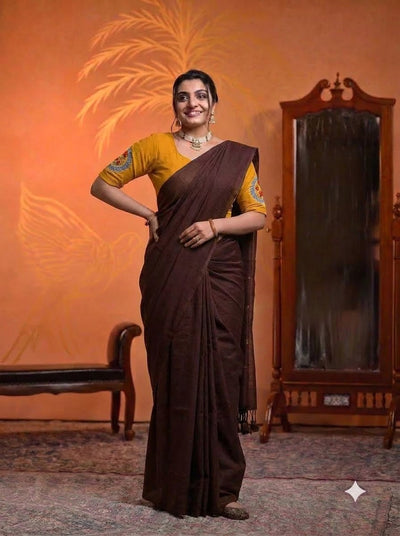 Chocolate Brown Saree with Mustard Floral Printed Ready-to-Wear Blouse