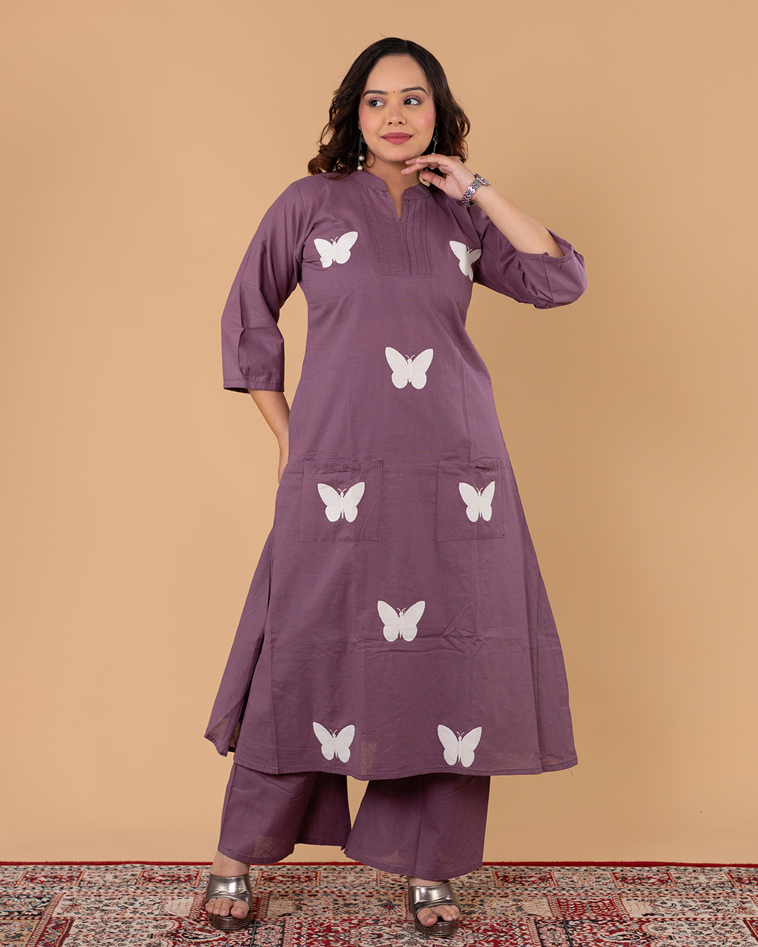 Mauve Purple Butterfly Print Kurti Set with Straight Pants – Everyday Comfort Wear