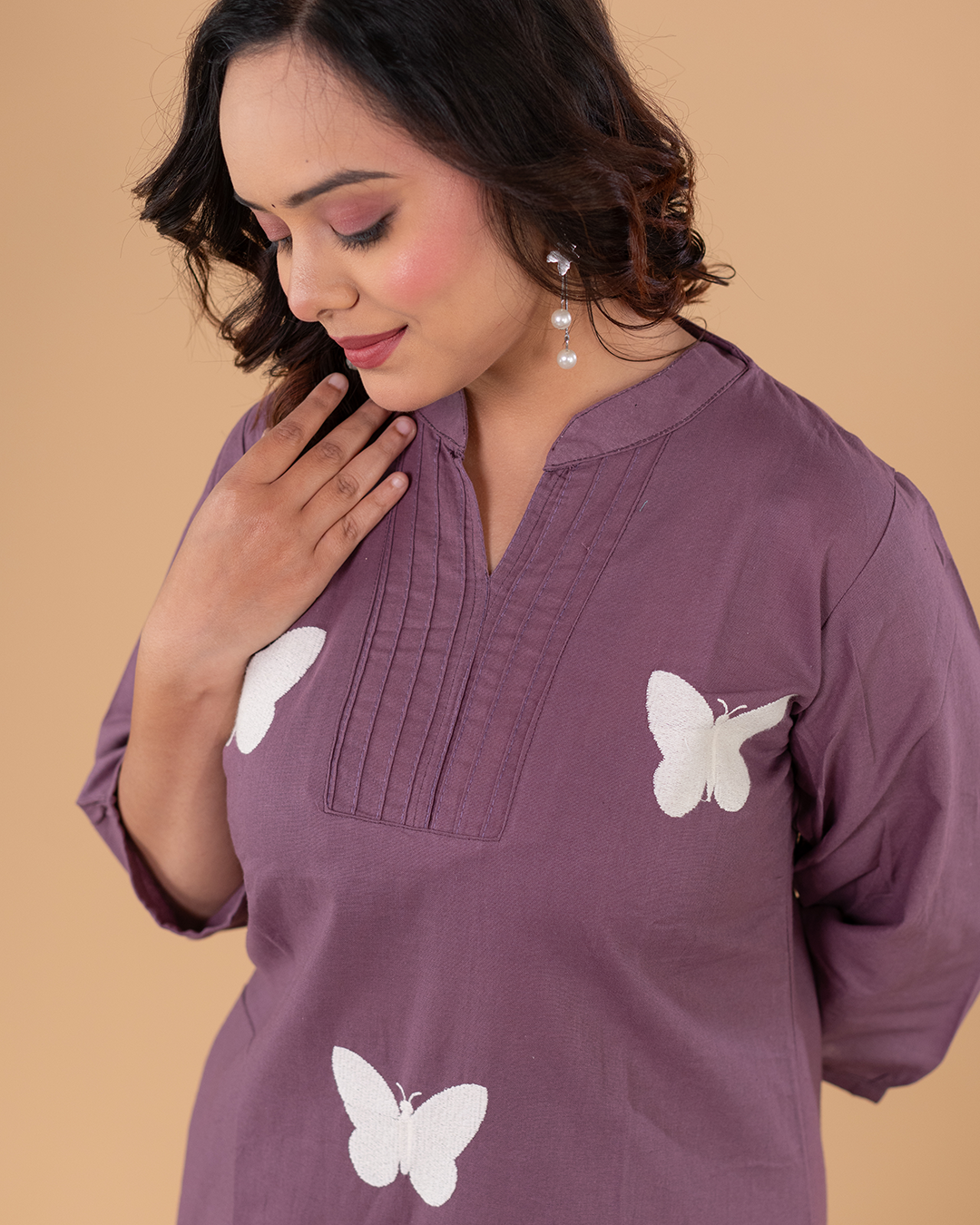 Mauve Purple Butterfly Print Kurti Set with Straight Pants – Everyday Comfort Wear