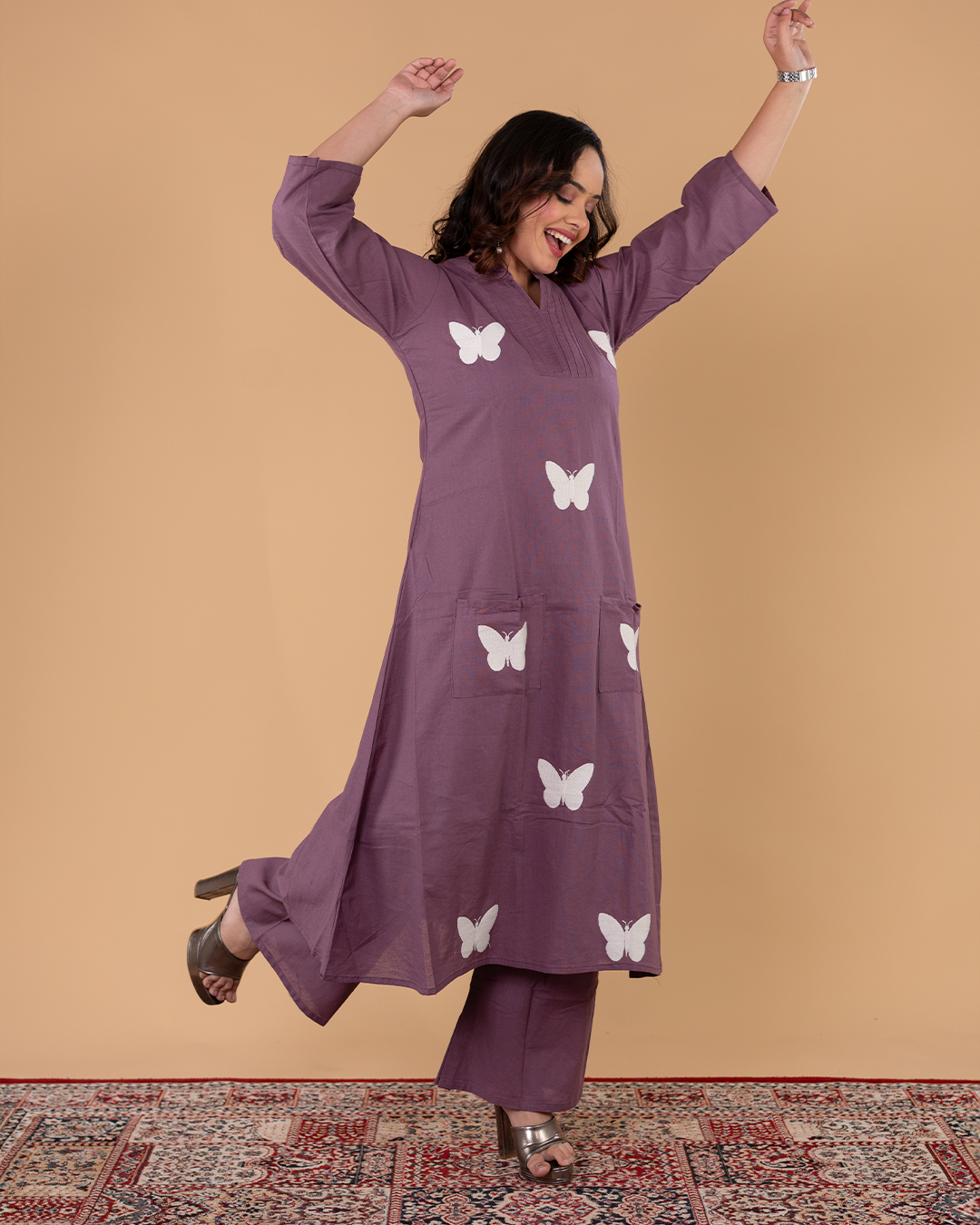Mauve Purple Butterfly Print Kurti Set with Straight Pants – Everyday Comfort Wear