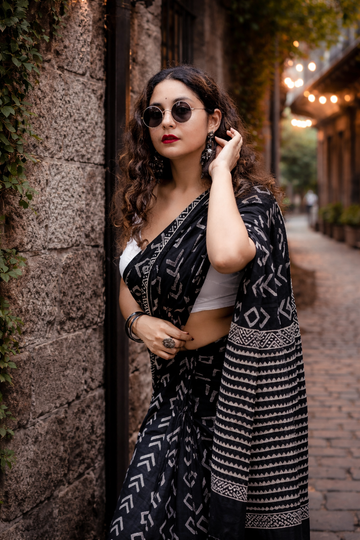 Midnight Noir Linen Cotton Saree with Geometric Print & Tribal Border