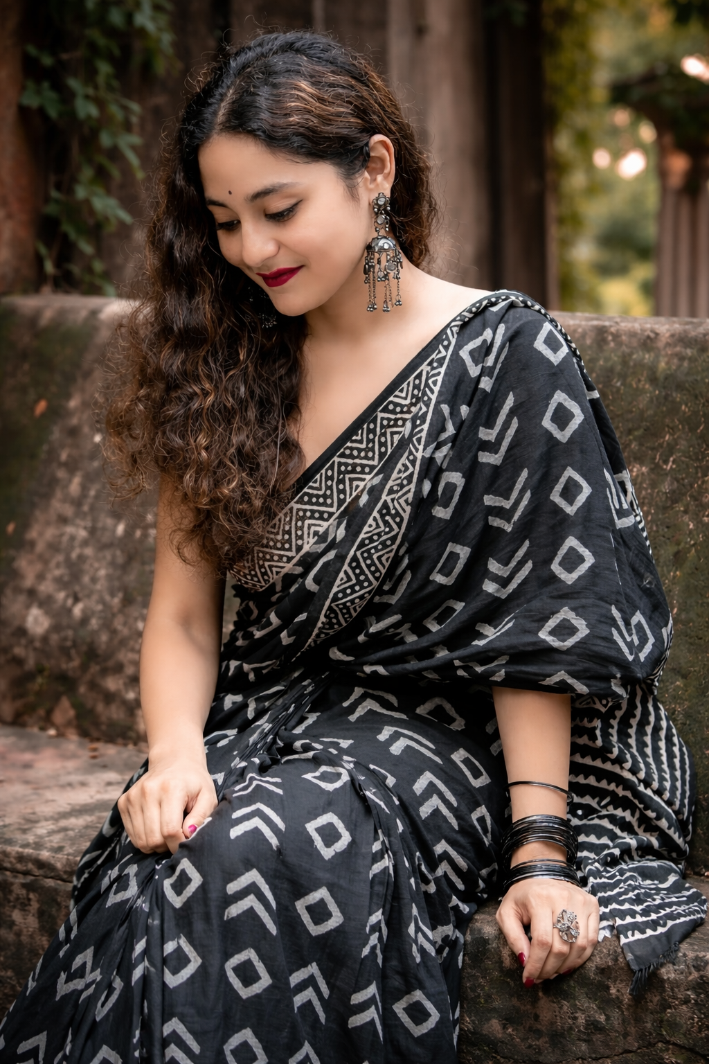 Midnight Noir Linen Cotton Saree with Geometric Print & Tribal Border