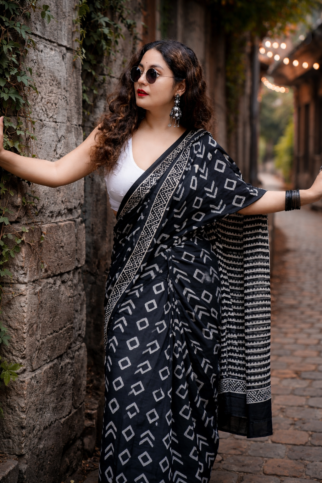 Midnight Noir Linen Cotton Saree with Geometric Print & Tribal Border