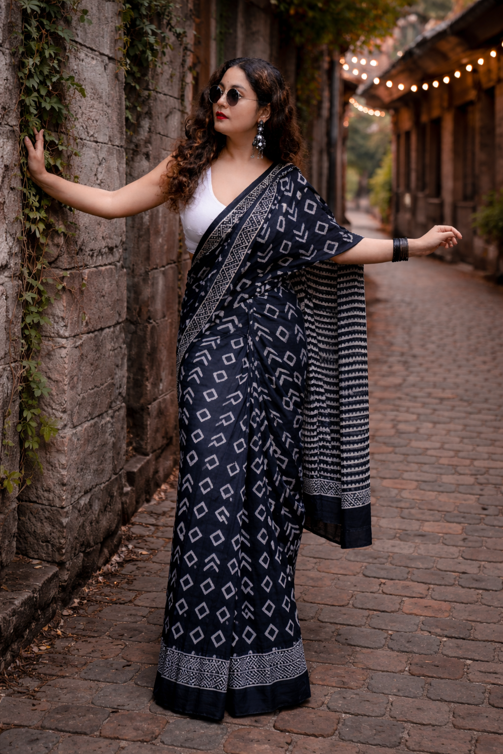 Midnight Noir Linen Cotton Saree with Geometric Print & Tribal Border