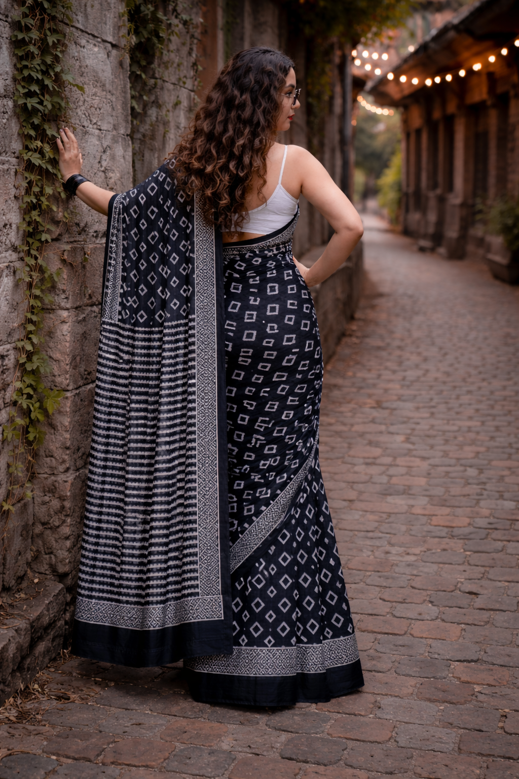 Midnight Noir Linen Cotton Saree with Geometric Print & Tribal Border