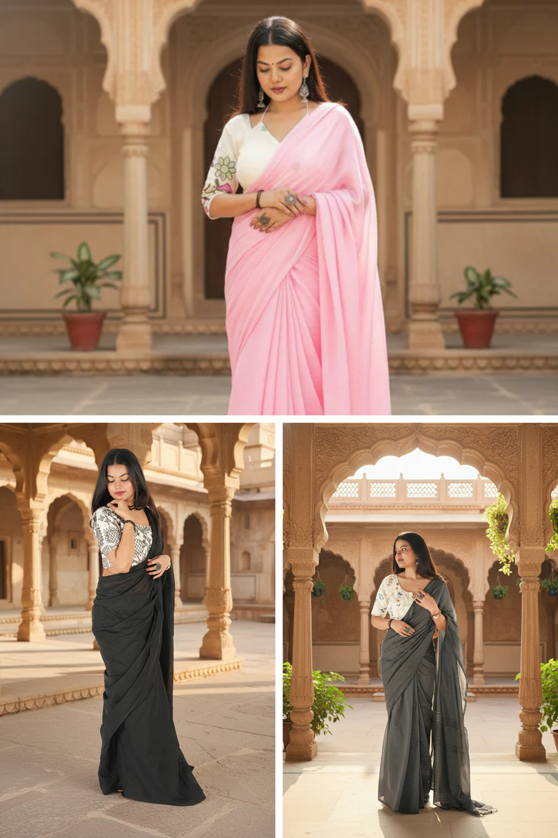 Woman in a pink saree, black saree, and gray saree against an architectural background.