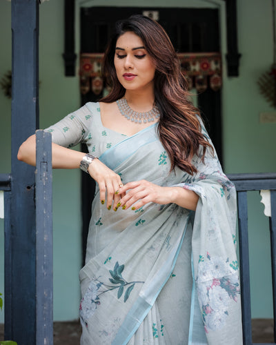 Elegant Mint Green Linen Cotton Saree with Soft Floral Print & Pastel Border