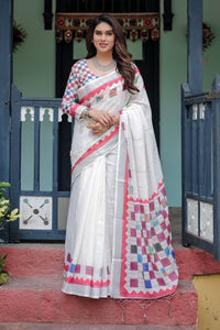 Modern Off-White Linen Cotton Saree with Multicolor Mosaic Print Border
