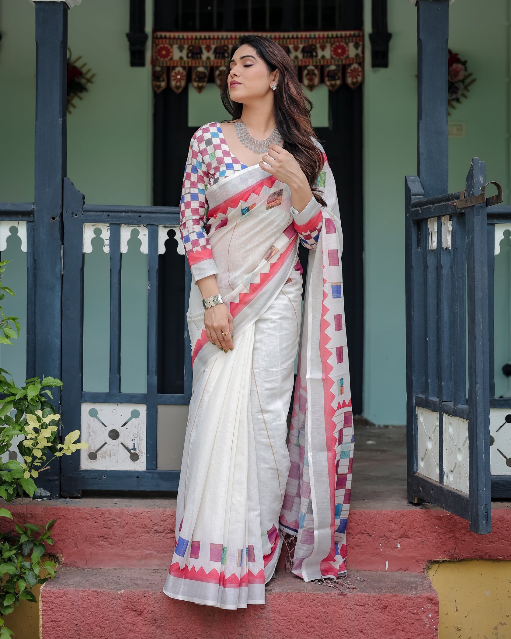 Modern Off-White Linen Cotton Saree with Multicolor Mosaic Print Border