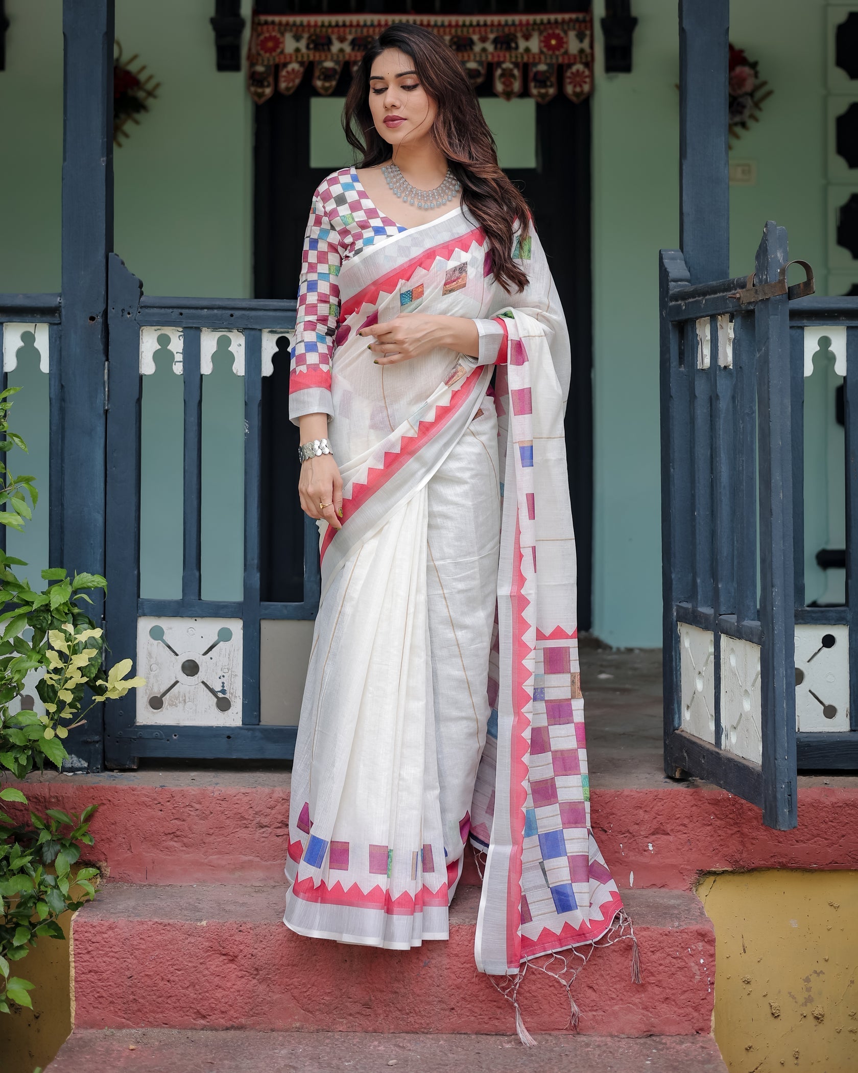 Modern Off-White Linen Cotton Saree with Multicolor Mosaic Print Border