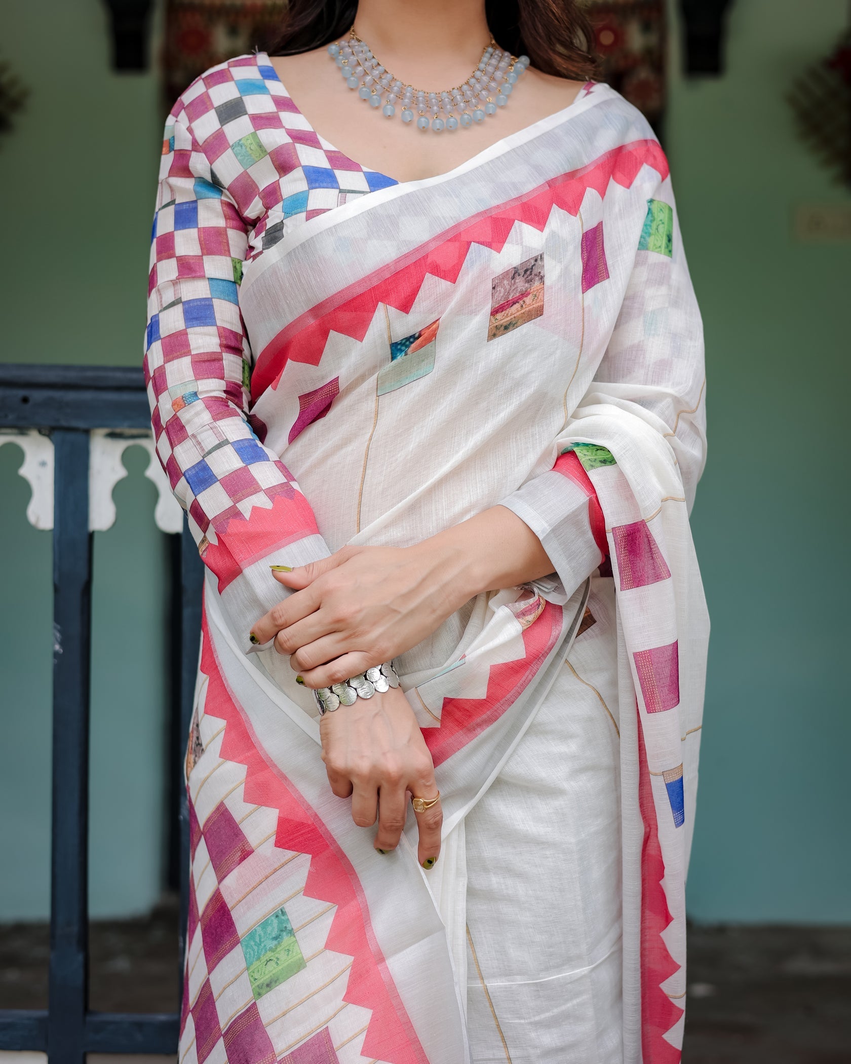 Modern Off-White Linen Cotton Saree with Multicolor Mosaic Print Border