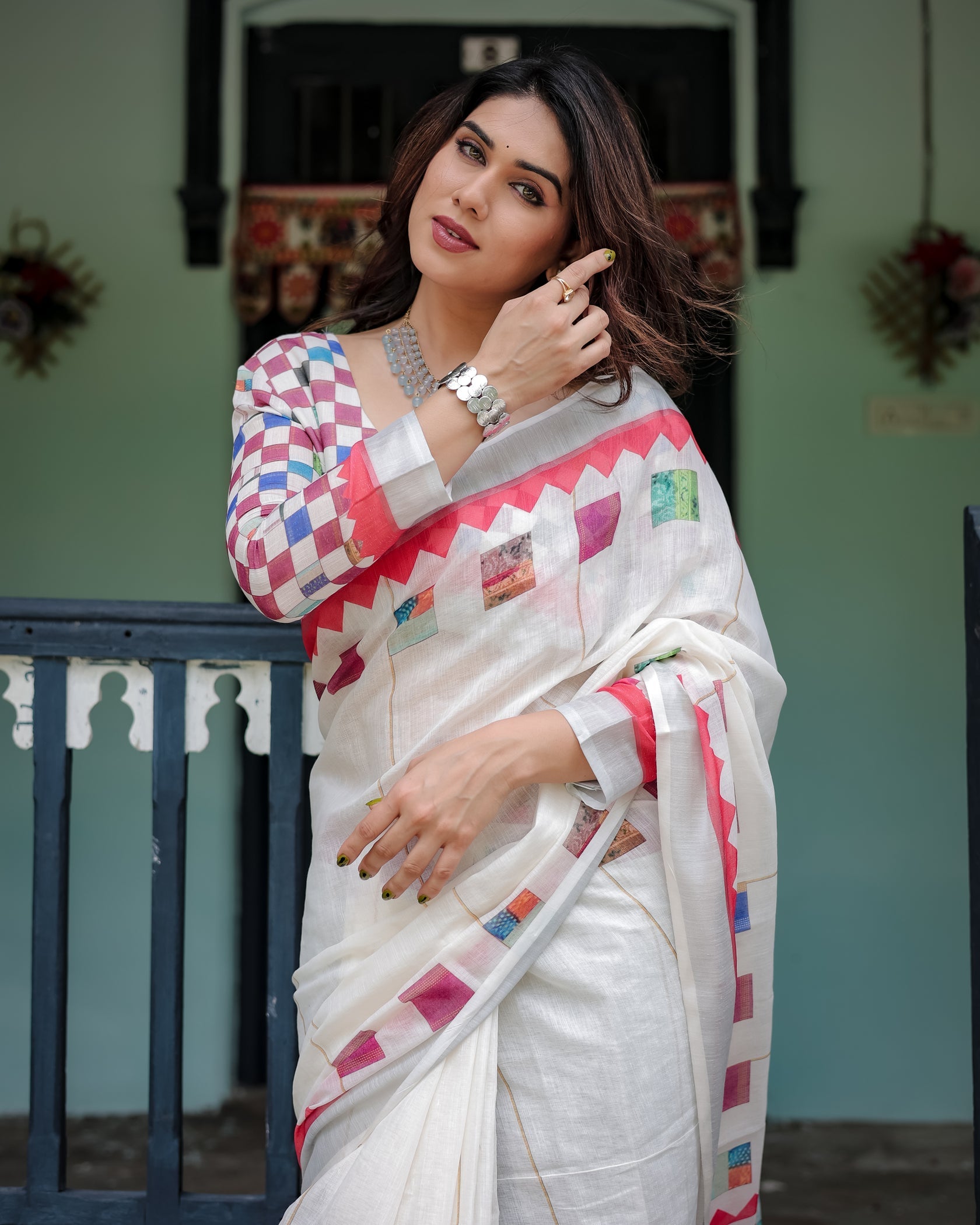 Modern Off-White Linen Cotton Saree with Multicolor Mosaic Print Border