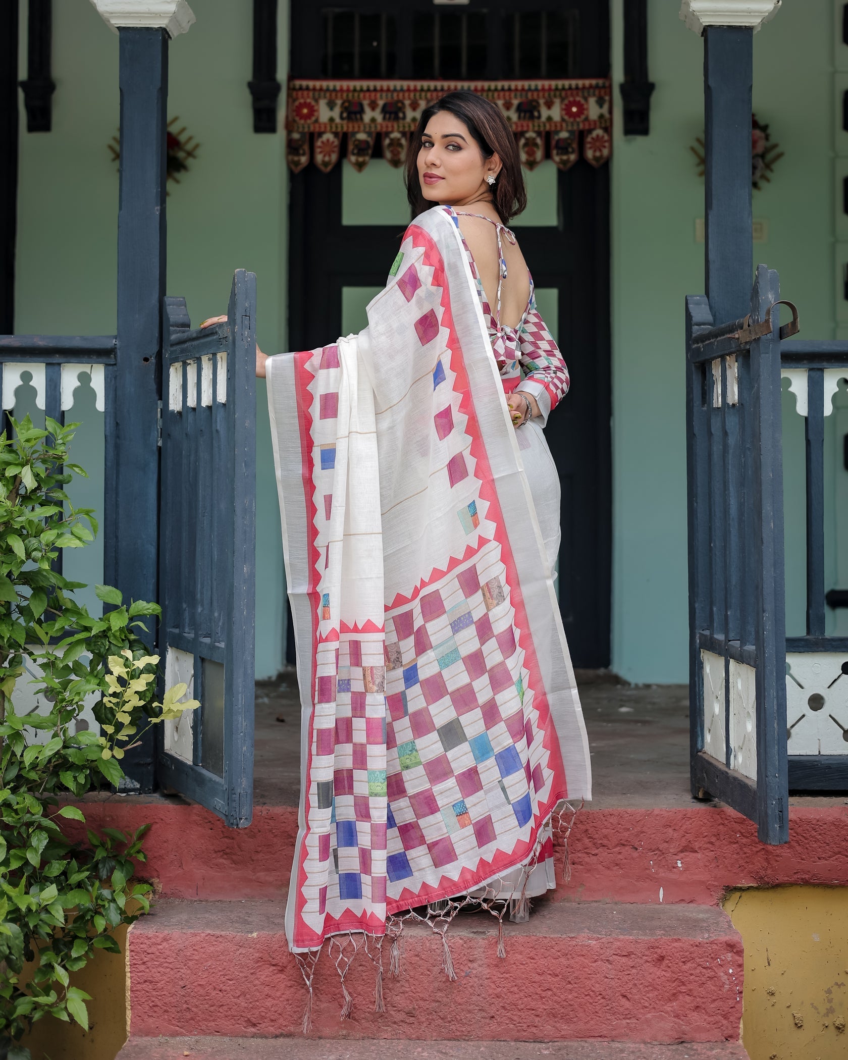 Modern Off-White Linen Cotton Saree with Multicolor Mosaic Print Border