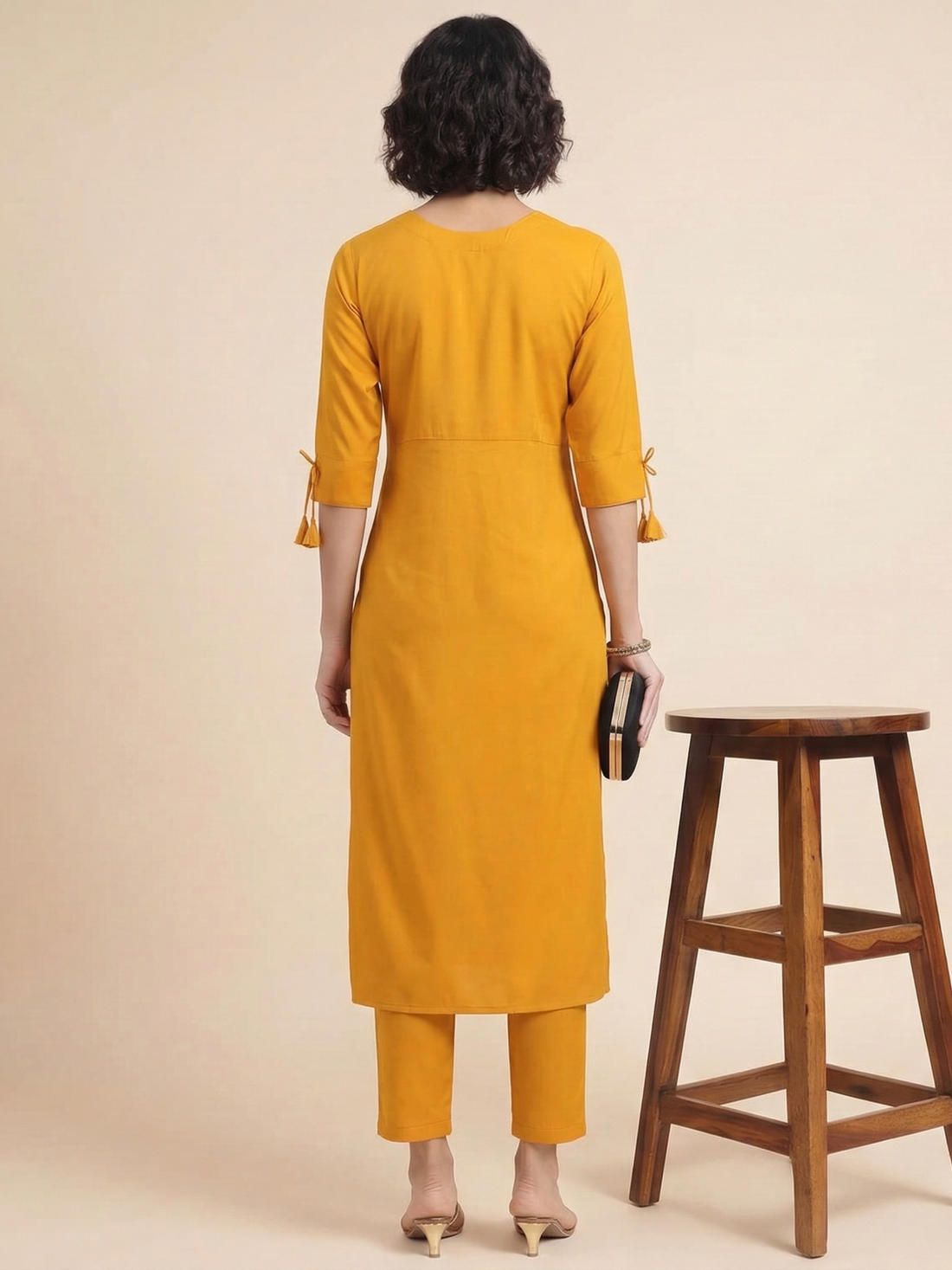 Mustard Yellow Embroidered Rayon Kurta and Pant Set with Tie-Up Sleeves