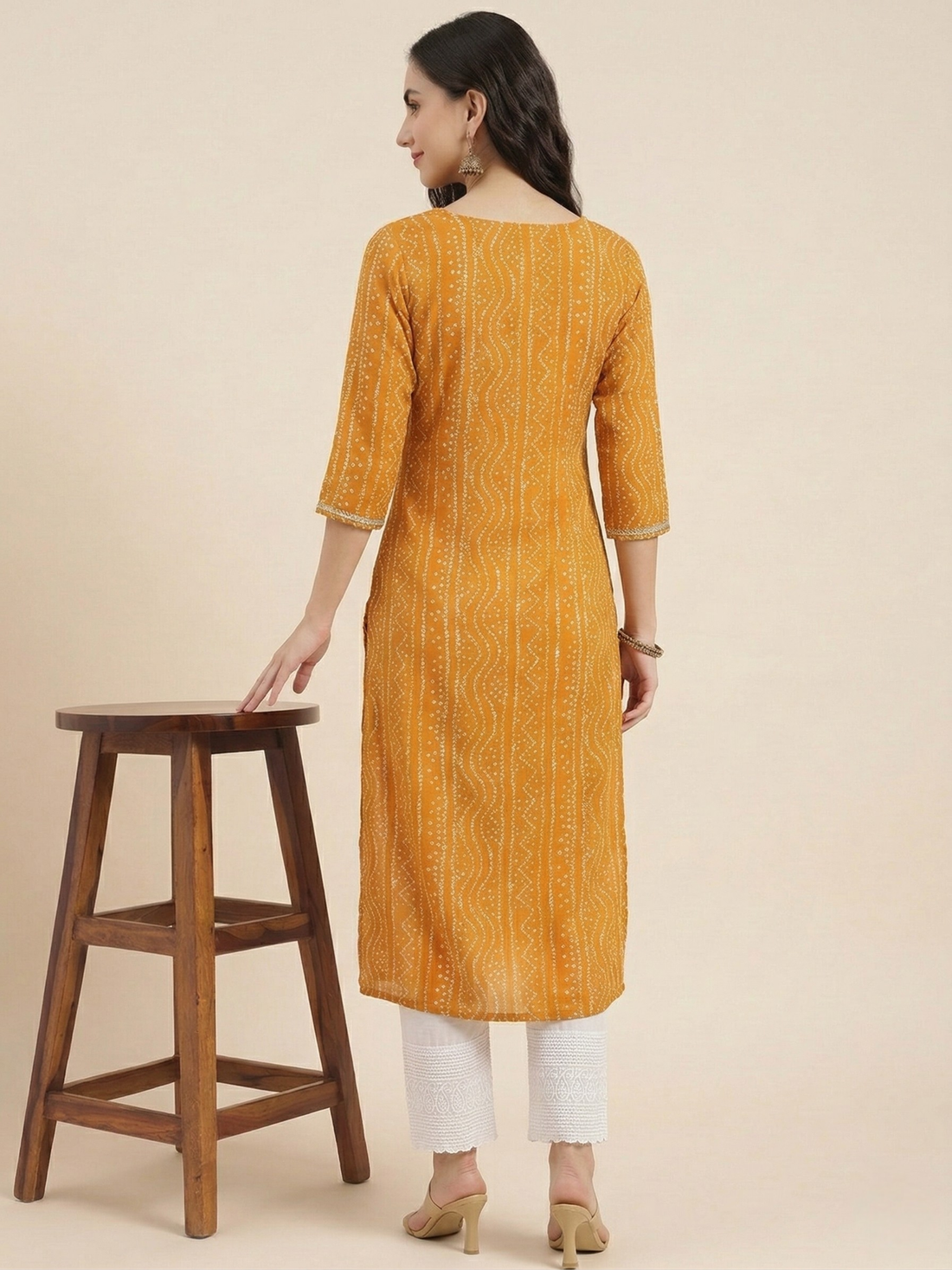 Mustard Yellow Bandhani Print Kurta with Embroidered Neckline & Lace-Trimmed Trousers