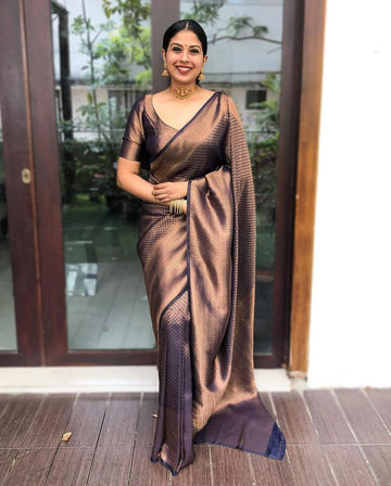 Navy Blue Woven Silk Blend Saree with Antique Copper Zari and Paisley Pallu