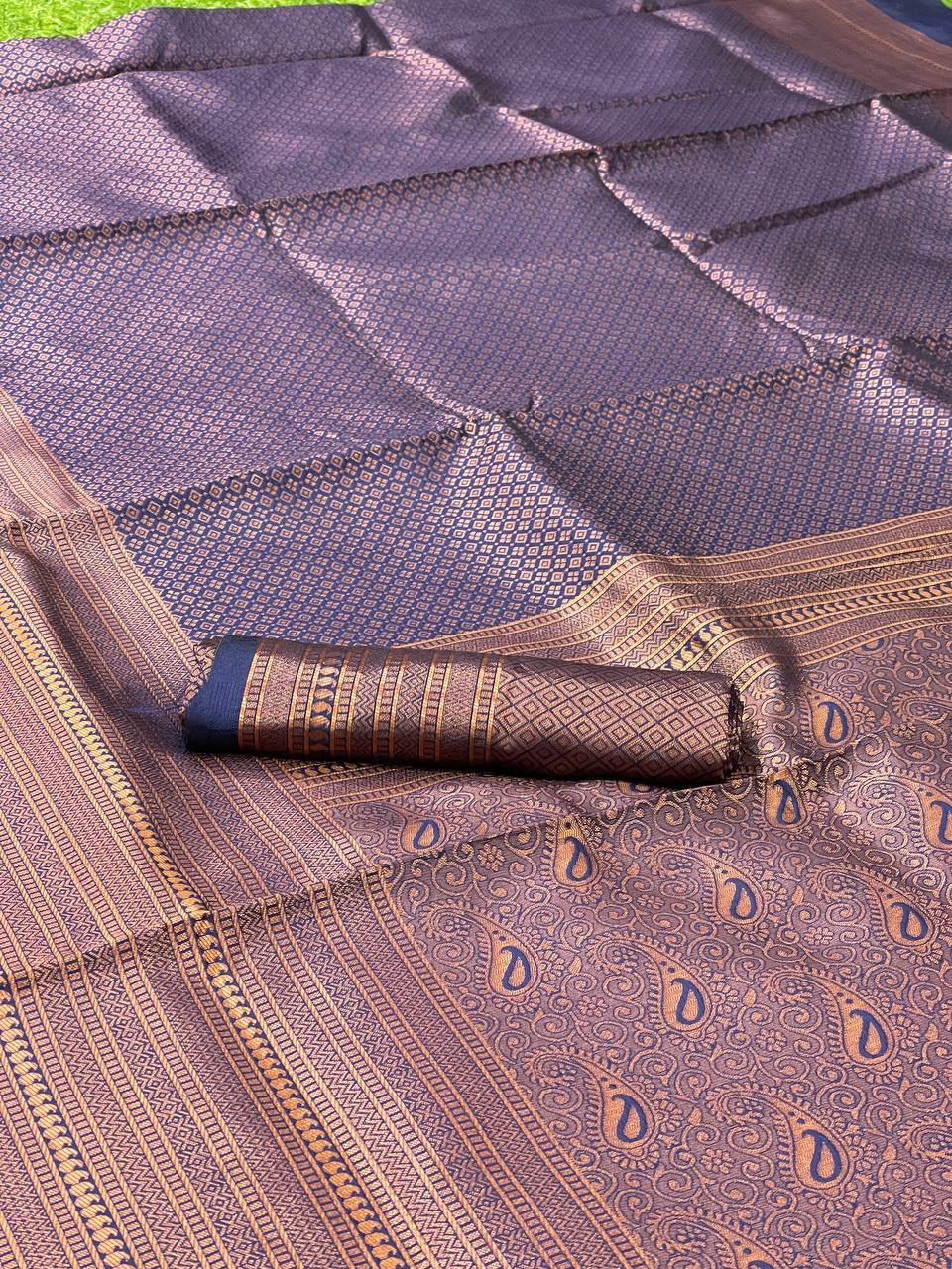 Navy Blue Woven Silk Blend Saree with Antique Copper Zari and Paisley Pallu