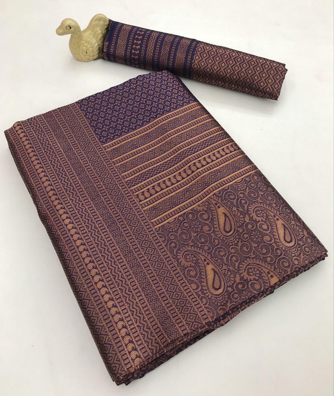 Navy Blue Woven Silk Blend Saree with Antique Copper Zari and Paisley Pallu