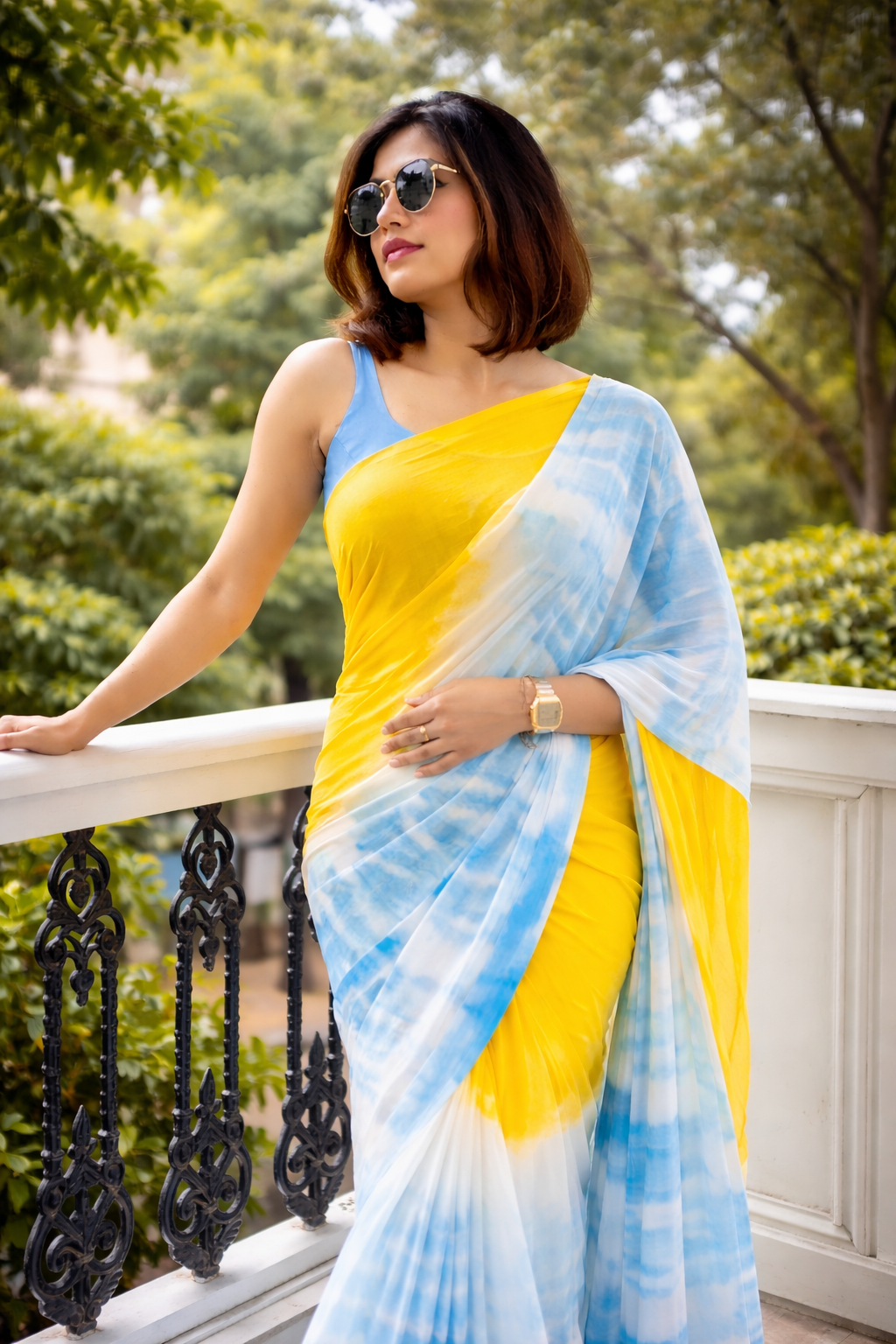 Sunshine Yellow & Sky Blue Ombre Saree – Soft Tie-Dye Elegance