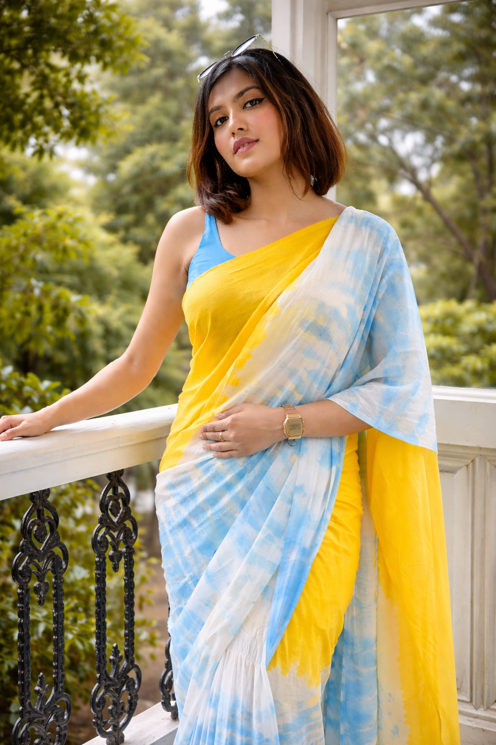 Sunshine Yellow & Sky Blue Ombre Saree – Soft Tie-Dye Elegance