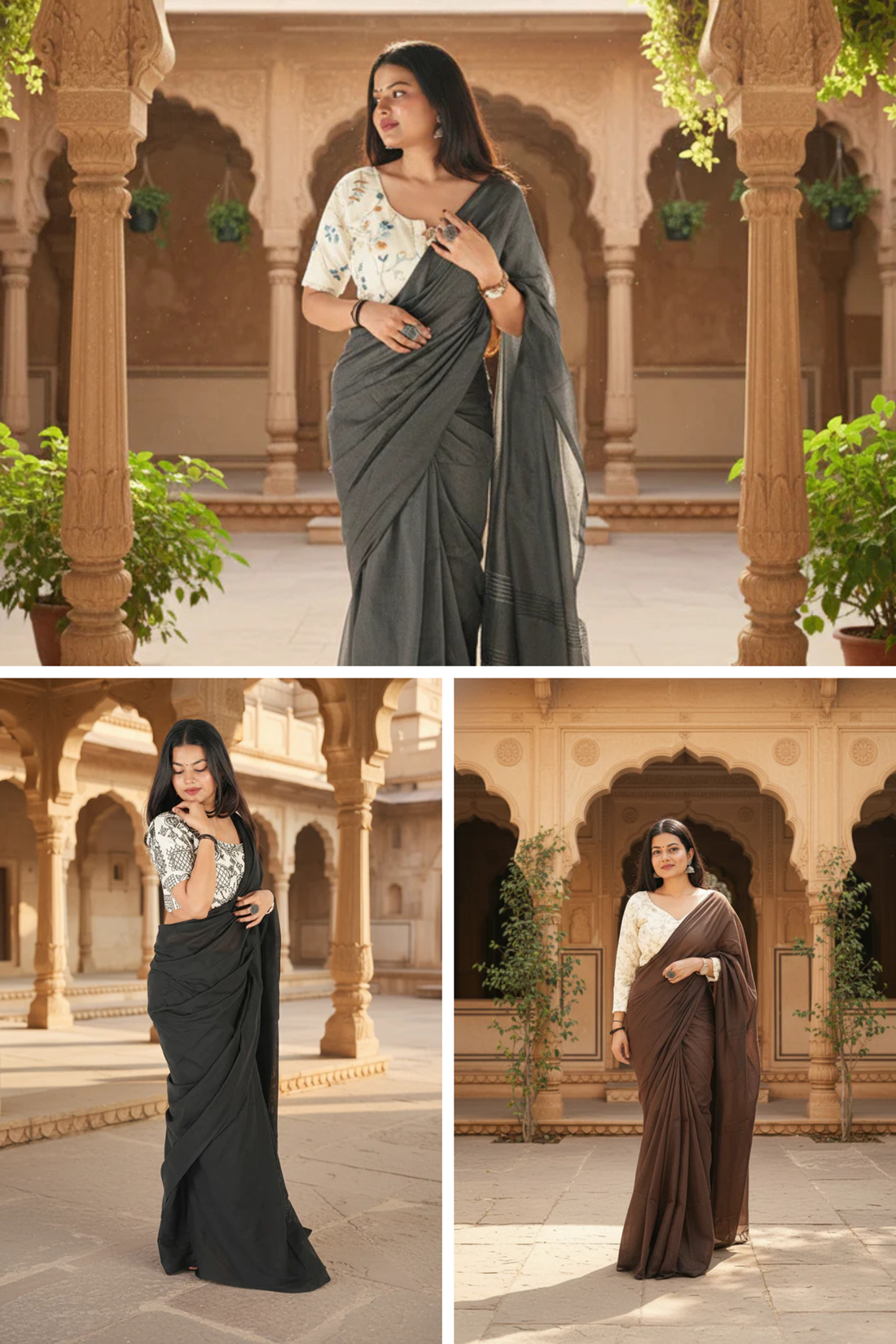 Woman in a gray saree standing in an architectural setting with plants.
