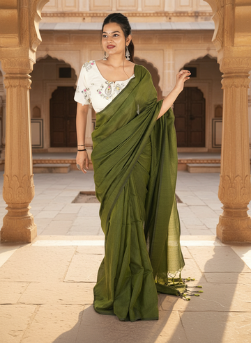 Olive Green Khadi Cotton Saree with Embroidered & Stitched Blouse
