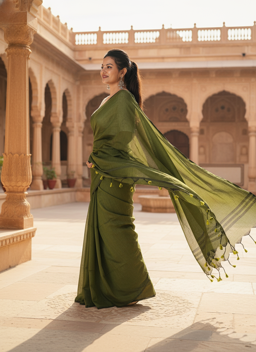 Olive Green Khadi Cotton Saree with Embroidered & Stitched Blouse