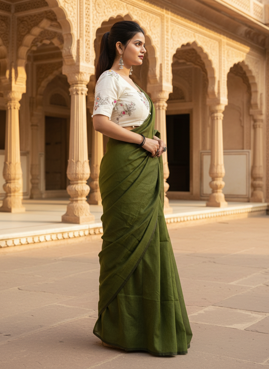 Olive Green Khadi Cotton Saree with Embroidered & Stitched Blouse