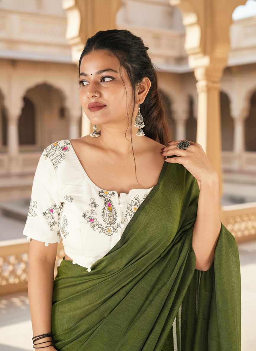 Olive Green Khadi Cotton Saree with Embroidered & Stitched Blouse