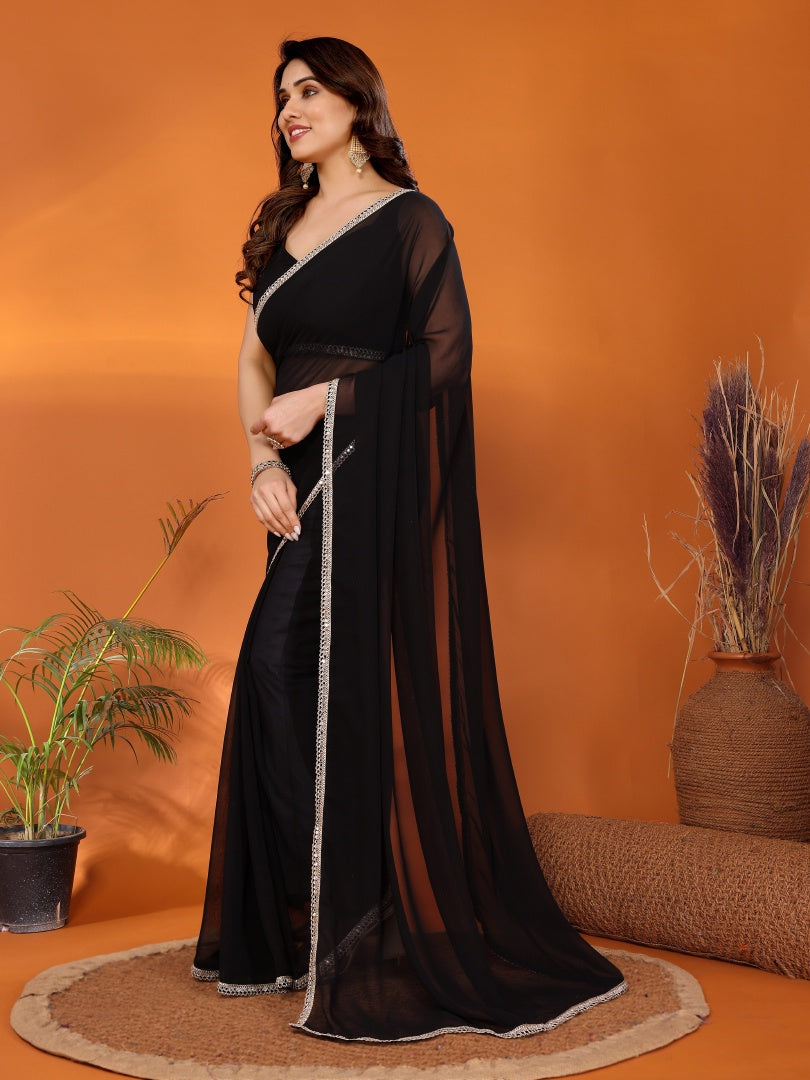 Black Georgette Silk Solid Saree with Mirror Work Lace Border & Unstitched Blouse
