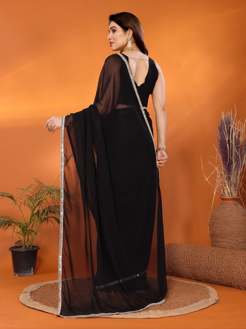Black Georgette Silk Solid Saree with Mirror Work Lace Border & Unstitched Blouse