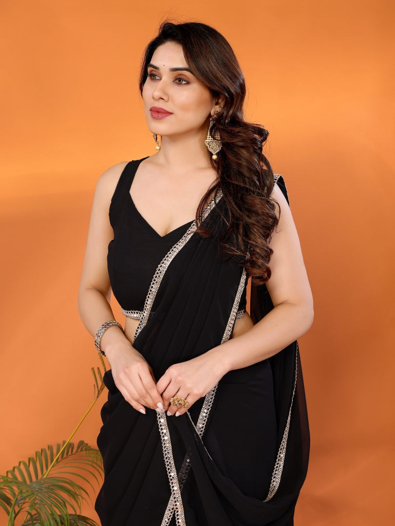 Black Georgette Silk Solid Saree with Mirror Work Lace Border & Unstitched Blouse
