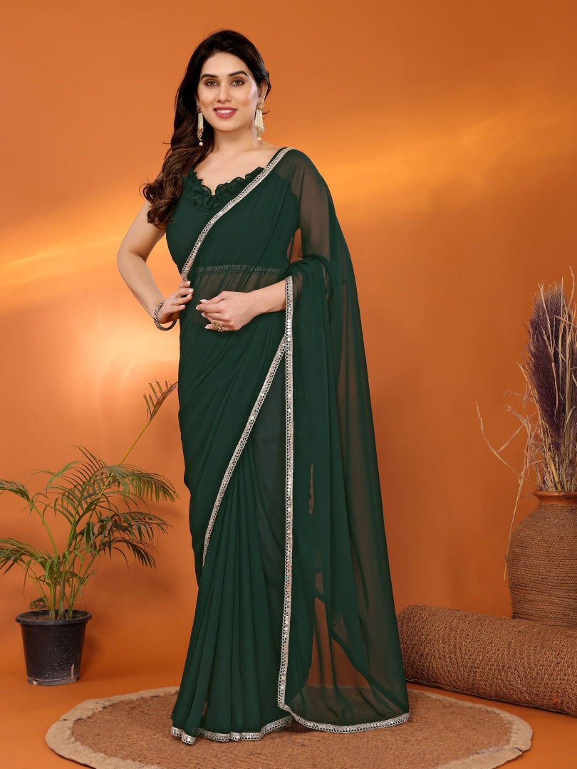 Green Georgette Silk Solid Saree with Mirror Work Lace Border & Unstitched Blouse