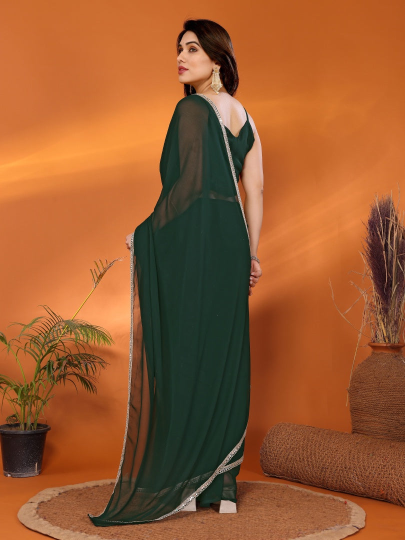 Green Georgette Silk Solid Saree with Mirror Work Lace Border & Unstitched Blouse