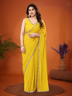 Lemon Yellow Georgette Silk Solid Saree with Mirror Work Lace Border & Unstitched Blouse