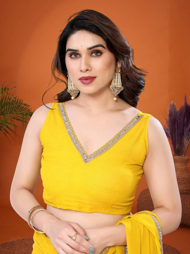 Lemon Yellow Georgette Silk Solid Saree with Mirror Work Lace Border & Unstitched Blouse