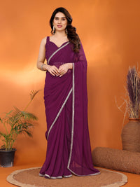 Purple Georgette Silk Solid Saree with Mirror Work Lace Border & Unstitched Blouse