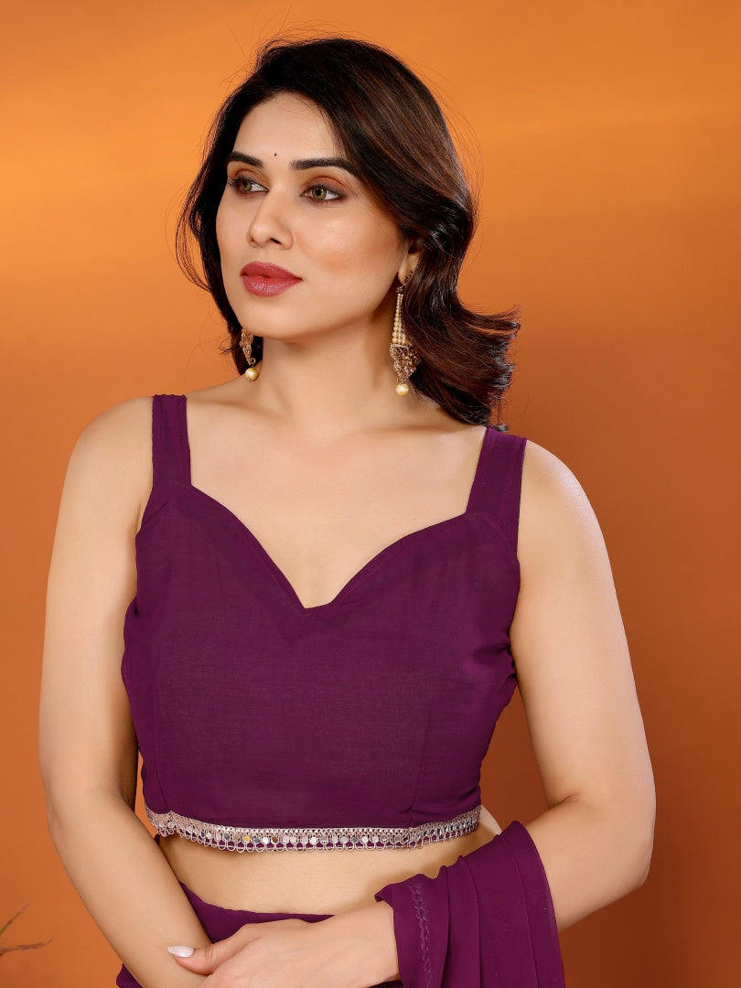 Purple Georgette Silk Solid Saree with Mirror Work Lace Border & Unstitched Blouse