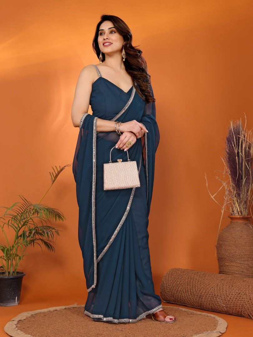 Teal Blue Georgette Silk Solid Saree with Mirror Work Lace Border & Unstitched Blouse