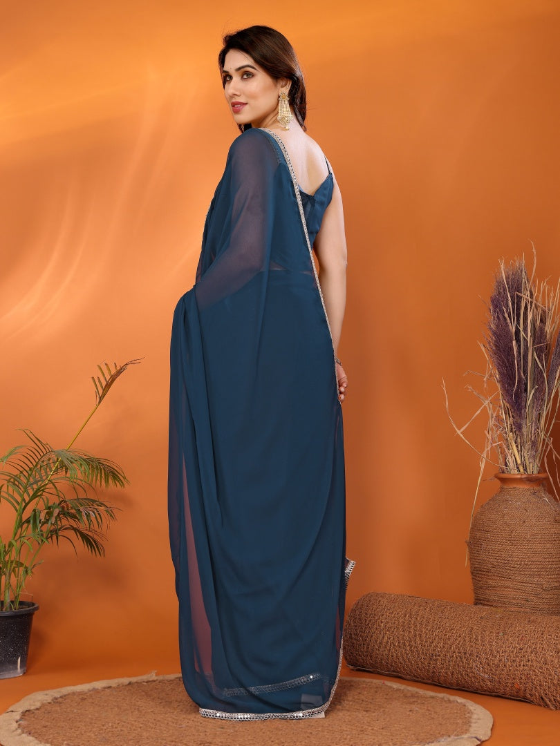 Teal Blue Georgette Silk Solid Saree with Mirror Work Lace Border & Unstitched Blouse