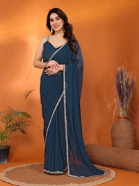 Teal Blue Georgette Silk Solid Saree with Mirror Work Lace Border & Unstitched Blouse