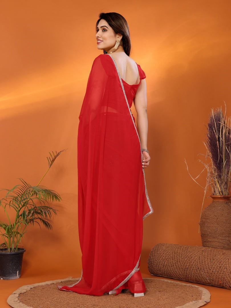 Red Georgette Silk Solid Saree with Mirror Work Lace Border & Unstitched Blouse
